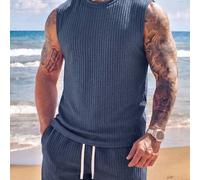 2er/Set Herren braunes Waffelstrick ärmelloses Tanktop und Shorts Set, atmungsaktives strukturiertes lässiges Herrenset, Urlaubsstil, maschinenwaschba