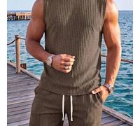 2er/Set Herren braunes Waffelstrick ärmelloses Tanktop und Shorts Set, atmungsaktives strukturiertes lässiges Herren Outfit, Urlaubsstil, maschinenwas