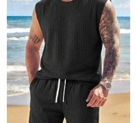 2er/Set Herren braunes Waffelstrick ärmelloses Tanktop und Shorts Set, atmungsaktives strukturiertes lässiges Herrenset, Urlaubsstil, maschinenwaschba