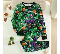 2er Set Jungen weiche, eng anliegende Pyjama, süßes Karomuster & Cartoon Dinosaurier Gamer Muster Langarm Top und Hose, Herbst/Winter Lässig Club Feie