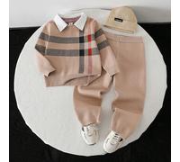 2er Set Kinder Britischer Stil Gestrickt, Jungen Karo Pullover mit Hemdkragen, Verdickte Hose Outfit, Herbst, Berufsorientierungstag Schule, Schulanfa