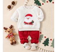2er Set Kleinkind Baby Jungen Sweatshirt Hose süß weiß rot grün Plüsch Langarm Rundhals Regular Fit Stickerei Applikation gemütlich Herbst Alltag Kind
