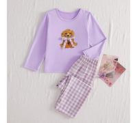 2er Set Mädchen Cartoon Welpe & Schleife Muster Strick Langarm Top und Hose Pyjama Set Herbst/Winter Rundhals Karo Bär Weich Gemütlich Süß Loungewear