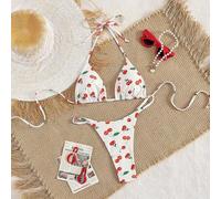 2er Set sexy Bikini mit Allover-Frucht- & Kirschmuster, String-Rücken und Neckholder, Badeanzug für Strand, Resort, Bühne und Auftritte, Sommerurlaub,