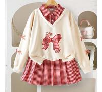 2er/Set Tween Mädchen 2 in 1 Sweatshirt mit großer Schleifenstickerei, roter und weißer karierter Faltenrock, süßes Herbst Schulanfang Outfit