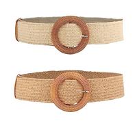 2St Braided Belt Women für Kleider Frauen, Stroh Elastische Stretch Waist Belts Sommer Strand Kleid Gürtel Damen Geflochtene Holzschnalle Breite Taillengürtel für Frauen Kleider(Weiß, Hellbraun)