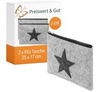 2x Kulturtasche Damen oder Kulturbeutel Herren aus Filz mit Stern 25x17,5 cm – vielseitig als Federmäppchen nutzbar oder auch als Kosmetiktasche groß, Schminktasche Grau