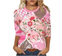 3/4-Ärmel, Boho-Tops für Damen, Blumenmuster, Farbblock-Blusen, Damen, lässig, Rundhalsausschnitt, Kunstbaumwolle, lockere Arbeitshemden, modisch, Basic-Tunika, Top, Komfort, elegantes Ausgehen, 09