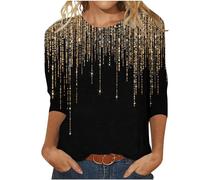 3/4 Ärmel Pullover Damen Glitzer Druck Oberteile Festlich Bluse Langarm T-Shirt Pailletten Muster Langarmshirt Leicht Basic Shirt Rundhals Pulli Tops Tunika Große Größen Abend Party Club Oberteil