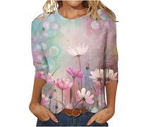3/4 Ärmel Tshirt Damen Mode Rundhals Bluse Oberteile Blumen Druck Shirt Sommer Tunika Tops Leichte Party Pullover Bequeme Teenager Mädchen T-Shirt Locker Blusentops Große Größen Blusen für Outdoor