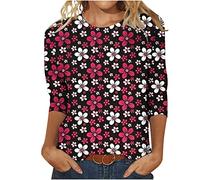 3/4 Ärmel Tshirt Damen Mode Rundhals Bluse Oberteile Blumen Druck Shirt Sommer Tunika Tops Leichte Party Pullover Bequeme Teenager Mädchen T-Shirt Locker Blusentops Große Größen Blusen für Outdoor
