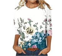 3/4 Ärmel Tshirt Damen Mode Rundhals Bluse Oberteile Blumen Druck Shirt Sommer Tunika Tops Leichte Party Pullover Bequeme Teenager Mädchen T-Shirt Locker Blusentops Große Größen Blusen für Outdoor
