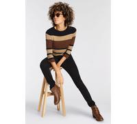 3/4 Arm-Pullover BOYSEN'S, Damen, Gr. 36/38 (S), braun (schwarz, ice coffee, braun), Feinstrick, Obermaterial: 70% Viskose, 30% Polyamid, colorblocking, gestreift, figurumspielend hüftbedeckend, U-Boo