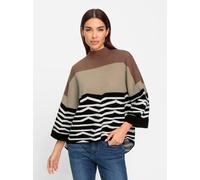 3/4 Arm-Pullover HEINE "Pullover", Damen, Gr. 44/46, schwarz (sand, schwarz, gemustert), 50% Viskose, 28% Polyester, 22% Polyamid, animal-print, gemustert, mehrfarbig, Pullover (24073041-44) sand, sch