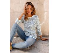 3/4 Arm-Pullover INSPIRATIONEN "Ajour-Pullover", Damen, Gr. 50, blau (ecru, rauchblau, gemustert), 60% Baumwolle, 40% Polyacryl, gemustert, mehrfarbig, Pullover (16245325-50) ecru, rauchblau, gemuster