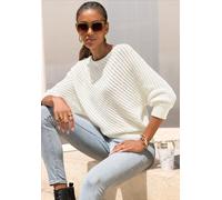 3/4 Arm-Pullover LASCANA, Damen, Gr. 44/46, beige (creme), Strick, Obermaterial: 50% Baumwolle, 50% Polyacryl, unifarben, figurumspielend, U-Boot-Ausschnitt, Fledermausärmel Rippbündchen, Pullover, mi