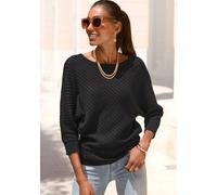 3/4 Arm-Pullover LASCANA, Damen, Gr. 44/46, blau (schwarz), Strick, Obermaterial: 50% Baumwolle, 50% Polyacryl, unifarben, figurumspielend, U-Boot-Ausschnitt, Fledermausärmel Rippbündchen, Pullover, m