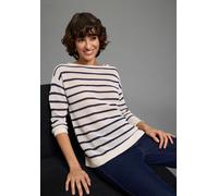 3/4 Arm-Pullover LAURA SCOTT "perfekt für den Frühling", Damen, Gr. 48/50, beige, navy gestreift, Strick, Obermaterial: 100% Baumwolle, figurumspielend hüftlang, U-Boot-Ausschnitt, Rippbündchen, Pullo