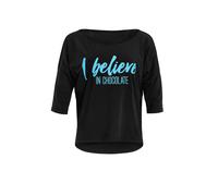 Winshape Damen Ultra leichtes Modal-3/4-Arm Shirt MCS001 mit neon blauem „I Believe in Chocolate” Glitzer-Aufdruck, Dance Style, Fitness Freizeit Sport Yoga Workout, Schwarz-neon-blau-Glitzer, L