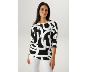3/4-Arm-Shirt ANISTON SELECTED, Damen, Gr. 38, schwarz-weiß (schwarz, wollweiß), Single Jersey, Obermaterial: 95% Viskose, 5% Elasthan, bedruckt, gemustert, oversize hüftbedeckend, Rundhals, Shirts 3/
