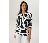 3/4-Arm-Shirt ANISTON SELECTED, Damen, Gr. 42, schwarz, wollweiß, Single Jersey, Obermaterial: 95% Viskose, 5% Elasthan, bedruckt, gemustert, oversize hüftbedeckend, Rundhals, Shirts 3/4-Arm-Shirt, mi