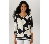 3/4-Arm-Shirt ANISTON SELECTED, Damen, Gr. 44, beige (schwarz, sanftes weiß, beige), Single Jersey, Obermaterial: 95% Viskose, 5% Elasthan, bedruckt, geblümt, gemustert, figurumspielend hüftbedeckend,