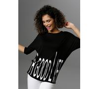 3/4-Arm-Shirt ANISTON SELECTED, Damen, Gr. 50, schwarz-weiß (schwarz, weiß), Single Jersey, Obermaterial: 95% Viskose, 5% Elasthan, bedruckt, oversize hüftbedeckend, Rundhals, Shirts 3/4-Arm-Shirt, mi