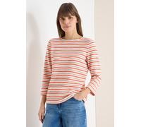3/4-Arm-Shirt CECIL, Damen, Gr. L (42), cherry tomato orange, Stoff, 65% Polyester, 30% Viskose, 5% Elasthan, gestreift, normal normal, U-Boot-Ausschnitt, abgesteppt, Shirts 3/4-Arm-Shirt, mit 3/4 Ärm