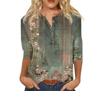 3/4 Arm Shirt Damen Bluse Elegant V Ausschnitt Knopfleiste mit Blumen Drucken Große Größen Blusenshirt Langarmshirt Lockere Lässiges Blusen & Tuniken für Frauen Party Oberteil Tunika Top Hemden Tee