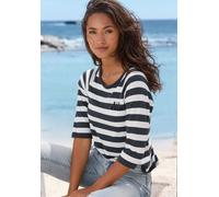 3/4-Arm-Shirt ELBSAND "Celin", Damen, Gr. S (36), creme, marine gestreift, Jersey, Obermaterial: 50% Baumwolle, 50% Polyester, figurumspielend hüftlang, Rundhals, Raglanärmel gerader Abschluss, Shirts