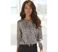 3/4-Arm-Shirt LASCANA, Damen, Gr. 40/42, grau (khaki, goldfarben bedruckt), Single Jersey, Obermaterial: 96% Polyester, 4% Elasthan, bedruckt, leicht transparent, figurumspielend hüftlang, Rundhals, S