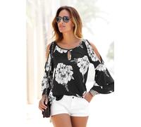 3/4-Arm-Shirt LASCANA, Damen, Gr. 40/42, schwarz-weiß (schwarz, weiß, bedruckt), Jersey, Obermaterial: 100% Viskose, figurumspielend, Shirts 3/4-Arm-Shirt, mit Trompetenärmeln und Cut-Outs, Blumenprin