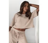 3/4-Arm-Shirt LASCANA, Damen, Gr. 44/46, beige (sand, melange), Rippware, Obermaterial: 56% Polyester, 41% Viskose, 3% Elasthan, meliert, unifarben, figurumspielend kurz, Rundhals, Shirts 3/4-Arm-Shir