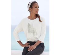 3/4-Arm-Shirt LASCANA "mit schimmerndem Folienprint", Damen, Gr. 44/46, weiß (weiß, beige, silber), Single Jersey, Obermaterial: 95% Viskose (LENZING ECOVERO), 5% Elasthan, bedruckt, Glitzermuster, fe