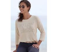 3/4-Arm-Shirt LASCANA "mit Schriftzug aus Strasssteinen", Damen, Gr. 36/38, beige (beige meliert), Single Jersey, Obermaterial: 95% Viskose (LENZING™ ECOVERO™), 5% Elasthan, Glitzermuster, unifarben m