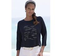3/4-Arm-Shirt LASCANA "mit Strass-Dessin", Damen, Gr. 44/46, silber (schwarz, silber), Single Jersey, Obermaterial: 95% Viskose (LENZING ECOVERO), 5% Elasthan, Glitzermuster, unifarben mit Farbeinsatz