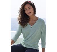 3/4-Arm-Shirt LASCANA "mit funkelndem Strassknopf", Damen, Gr. 40/42, grün (mint), Strick, Obermaterial: 85% Viskose (LENZING ECOVERO), 15% Polyester, Strukturmuster, unifarben, feminin, bequem, V-Aus
