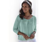 3/4-Arm-Shirt LASCANA "mit zarter Raffung am Ausschnitt", Damen, Gr. 32/34, grün (mint), Jersey, Obermaterial: 95% Viskose (LENZING™ ECOVERO™), 5% Elasthan, unifarben, Basic, figurumspielend normal, V
