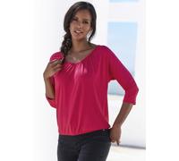 3/4-Arm-Shirt LASCANA "mit zarter Raffung am Ausschnitt", Damen, Gr. 32/34, pink, Jersey, Obermaterial: 95% Viskose (LENZING ECOVERO), 5% Elasthan, unifarben, Basic, figurumspielend normal, V-Ausschni