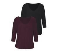 3/4-Arm-Shirt LASCANA "mit zarter Raffung am Ausschnitt", Damen, Gr. 44/46, lila (aubergine, schwarz), Jersey, Obermaterial: 95% Viskose (LENZING™ ECOVERO™), 5% Elasthan, unifarben, Basic, figurumspie