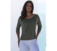 3/4-Arm-Shirt LASCANA "mit zarter Raffung am Ausschnitt" Gr. 48/50, grau (graugrün), Damen, Jersey, Obermaterial: 95% Viskose (LENZING ECOVERO), 5% Elasthan, unifarben, Shirts, aus weichem Viskose-Str