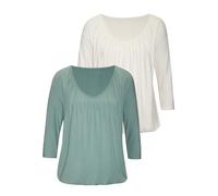 3/4-Arm-Shirt LASCANA "mit zarter Raffung am Ausschnitt", Damen, Gr. 48/50, grün (mint, creme), Jersey, Obermaterial: 95% Viskose (LENZING™ ECOVERO™), 5% Elasthan, unifarben, Basic, figurumspielend no