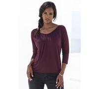3/4-Arm-Shirt LASCANA "mit zarter Raffung am Ausschnitt", Damen, Gr. 48/50, lila (aubergine), Jersey, Obermaterial: 95% Viskose (LENZING™ ECOVERO™), 5% Elasthan, unifarben, Basic, figurumspielend norm