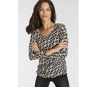 3/4-Arm-Shirt LAURA SCOTT, Damen, Gr. 34, gelb (camel, schwarz), Single Jersey, Obermaterial: 95% Viskose, 5% Elasthan, bedruckt, lässig geschnitten hüftlang, V-Ausschnitt, Shirts 3/4-Arm-Shirt, lässi