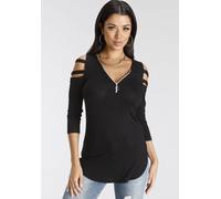 3/4-Arm-Shirt MELROSE, Damen, Gr. 42, schwarz, Jersey, Obermaterial: 95% Viskose, 5% Elasthan, unifarben, figurbetont lang, tiefer V-Ausschnitt, mit Cut Outs, Shirts 3/4-Arm-Shirt, 3/4-Ärmel, figurbet