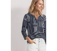 3/4-Arm-Shirt STREET ONE, Damen, Gr. 40, blau (schwarzest blau), Stoff, 50% Modal, 50% Baumwolle, gemustert, normal normal, Rundhals, abgesteppt, Shirts 3/4-Arm-Shirt, Elastiksaum mit Knotendetail (23