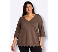 3/4-Arm-Shirt SHEEGO "3/4-Arm-Shirt", Damen, Gr. 52/54, schoko, 50% Baumwolle, 50% Modal, gemustert, mehrfarbig, V-Ausschnitt, Shirts 3/4-Arm-Shirt (22589214-52) schoko