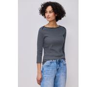 3/4-Arm-Shirt STREET ONE, Damen, Gr. 38, shadowed navy, Rippware, Obermaterial: 96% Baumwolle, 4% Elasthan, geringelt, gestreift, lässig geschnitten hüftbedeckend, U-Boot-Ausschnitt, abgesteppte Kante