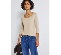 Rundhalsshirt STREET ONE "Style Pania", Damen, Gr. 38, cotton beige, Jersey, Obermaterial: 50% Baumwolle, 50% Modal. Futter: 100% Baumwolle, casual, slim fit hüftlang, Rundhals, 3/4-Ärmel abgesteppt, 