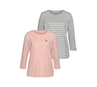 3/4-Arm-Shirt TOM TAILOR, Damen, Gr. XS (32), rosa (puderrosa, hellgrau, geringelt), Jersey, Obermaterial: 100% Baumwolle, gerade hüftlang, Rundhals, abgesteppte Kante, Shirts 3/4-Arm-Shirt, im Doppel